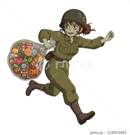A cute child in a anime-style cartoon Halloween costume, happy for Halloween. White background. 128953961