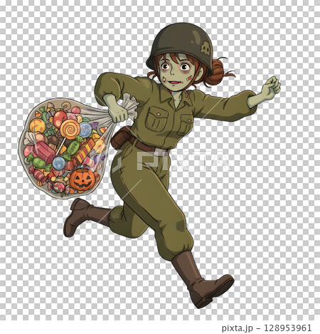 A cute child in a anime-style cartoon Halloween costume, happy for Halloween. White background. 128953961