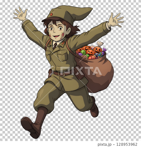 A cute child in a anime-style cartoon Halloween costume, happy for Halloween. White background. 128953962