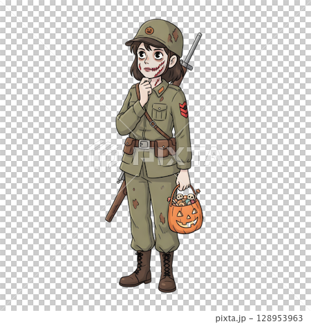 A cute child in a anime-style cartoon Halloween costume, happy for Halloween. White background. 128953963