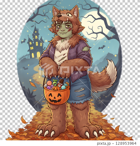 A cute child in a anime-style cartoon Halloween costume, happy for Halloween. White background. 128953964