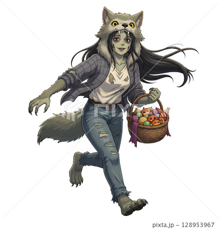 A cute child in a anime-style cartoon Halloween costume, happy for Halloween. White background. A cute child in a anime-style cartoon Halloween costume, happy for Halloween. White background. 128953967