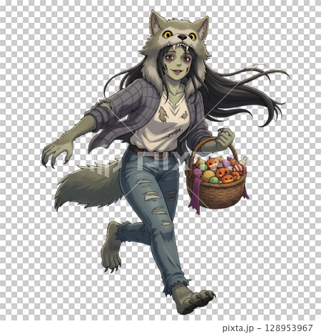 A cute child in a anime-style cartoon Halloween costume, happy for Halloween. White background. A cute child in a anime-style cartoon Halloween costume, happy for Halloween. White background. 128953967