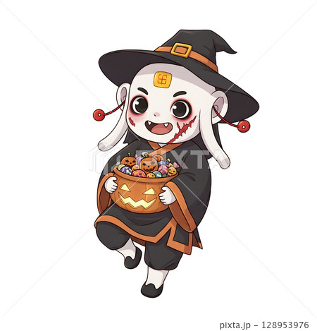 A cute child in a anime-style cartoon Halloween costume, happy for Halloween. White background. 128953976