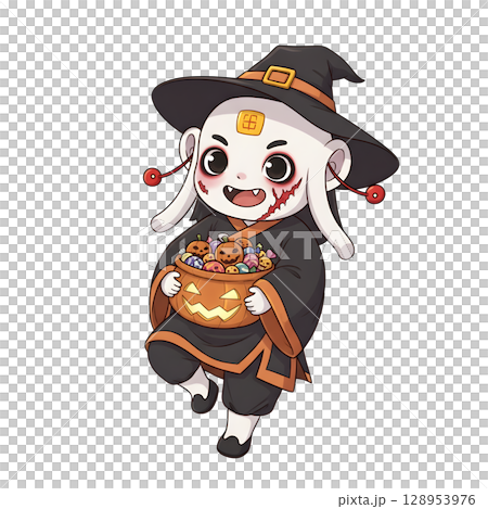 A cute child in a anime-style cartoon Halloween costume, happy for Halloween. White background. 128953976