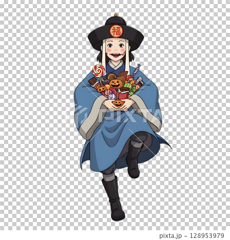 A cute child in a anime-style cartoon Halloween costume, happy for Halloween. White background. 128953979