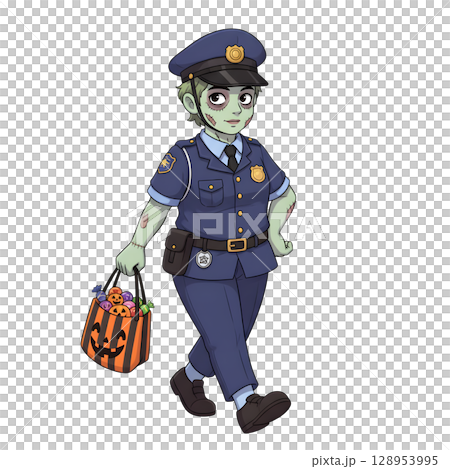 A cute child in a anime-style cartoon Halloween costume, happy for Halloween. White background. 128953995