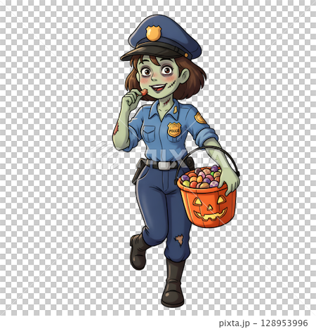 A cute child in a anime-style cartoon Halloween costume, happy for Halloween. White background. 128953996