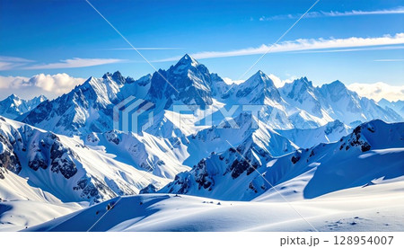 冬の青空と雄大な雪山の風景イラスト 128954007