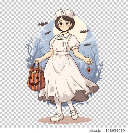 A cute child in a anime-style cartoon Halloween costume, happy for Halloween. White background. 128954019