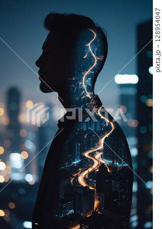 夕景の都市　街を見つめる男性のシルエット　透過する都市とハイウェイ　AI画像 128954047