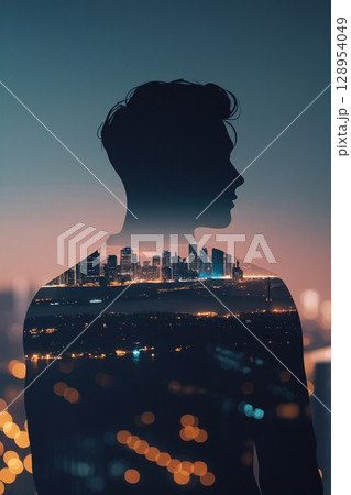 夕景の都市　街を見つめる男性のシルエット　透過する都市とハイウェイ　AI画像 128954049