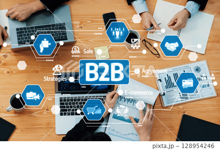 Business Meeting Overview with Strategies and E-commerce Concepts for B2B Collaboration in a Digital Workspace Arrangement. Amity 128954246