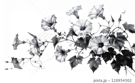 墨絵で描いた朝顔の花と蔓の和風植物画 128954302