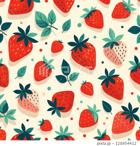 Seamless Strawberry Pattern in Bright Flat Vector Background with Fresh Berries and Leaves with Generative AI. Seamless Strawberry Pattern in Bright Flat Vector Background with Fresh Berries and Leaves with Generative AI. 128954412