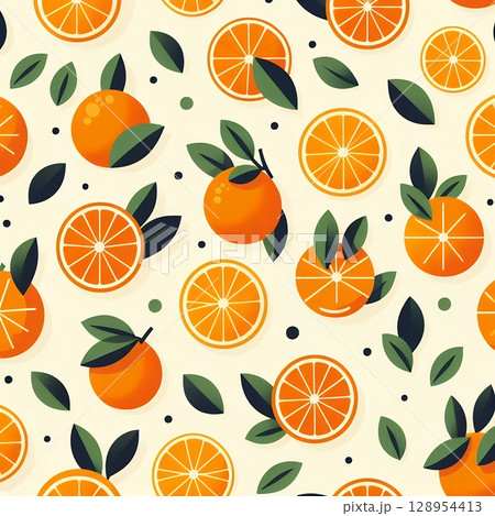 Seamless Citrus Fruit Pattern with Orange and Lemon Slices in Colorful Flat Vector Background with Generative AI. Seamless Citrus Fruit Pattern with Orange and Lemon Slices in Colorful Flat Vector Background with Generative AI. 128954413