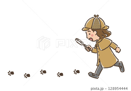 虫眼鏡を持って足跡を追っている探偵姿の女の子 128954444