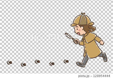 虫眼鏡を持って足跡を追っている探偵姿の女の子 128954444