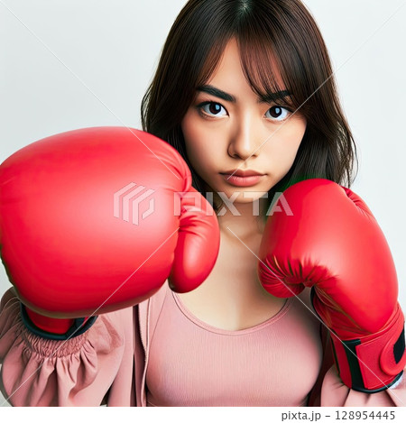 Confident Young Woman in Boxing Gloves Ready for Action with Generative AI. 128954445