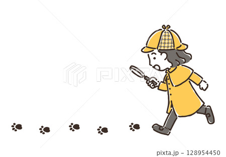 虫眼鏡を持って足跡を追っている探偵姿の女の子 128954450