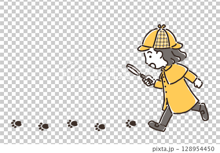 一個打扮成偵探的女孩用放大鏡追蹤腳印 128954450