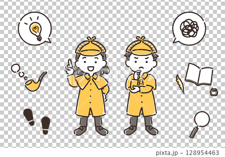 一個女孩和一個男孩扮成偵探（指著並思考） 128954463