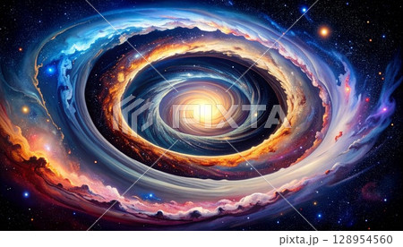 墨絵風の銀河宇宙背景イラスト壁紙 128954560