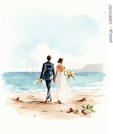 海辺を歩く新郎新婦のイラスト 128954707