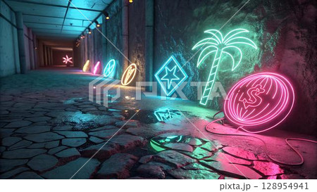 The image shows a neon-lit tunnel with various glowing shapes, including a palm tree and a dollar sign, reflected in the wet stone floor, casting a vibrant, futuristic The image shows a neon-lit tunnel with various glowing shapes, including a palm tree and a dollar sign, reflected in the wet stone floor, casting a vibrant, futuristic 128954941
