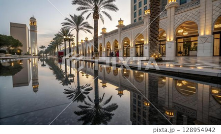 The photo captures a serene architectural scene, featuring a building with arches and palm trees reflected in a pool of water, creating a symmetrical and tranquil The photo captures a serene architectural scene, featuring a building with arches and palm trees reflected in a pool of water, creating a symmetrical and tranquil 128954942
