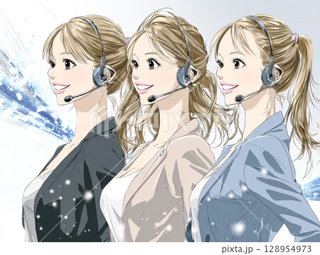 オフィスでヘッドセットをつけて仕事をする女性たちのイラスト素材（3人・カスタマーサポート・コールセン 128954973