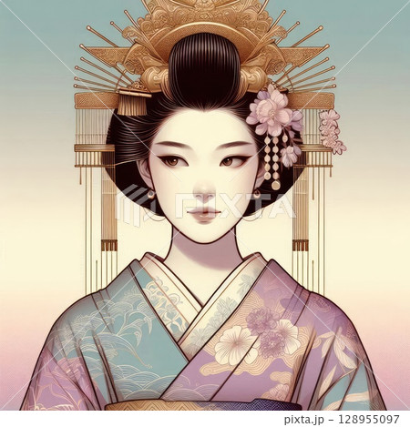 Elegant Asian Woman in Traditional Kimono with Ornate Golden Headdress with Generative AI. 128955097