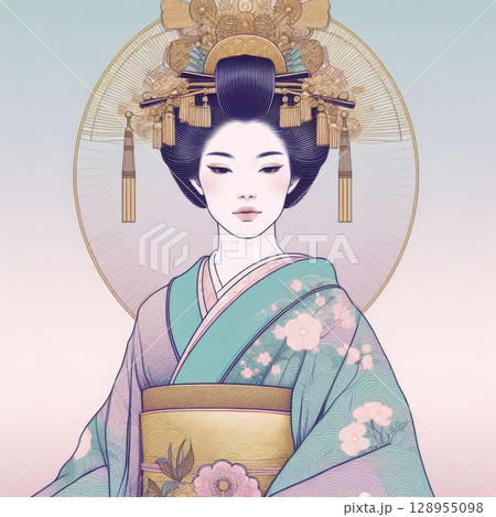 Elegant Asian Woman in Traditional Kimono with Ornate Golden Headdress with Generative AI. 128955098