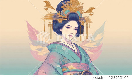Elegant Asian Woman in Traditional Kimono with Ornate Golden Headdress with Generative AI. Elegant Asian Woman in Traditional Kimono with Ornate Golden Headdress with Generative AI. 128955103