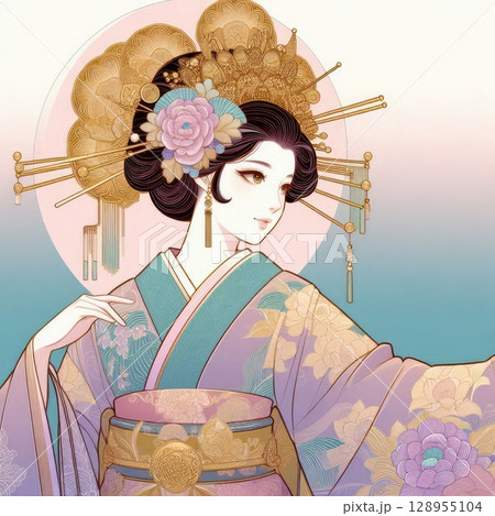 Elegant Asian Woman in Traditional Kimono with Ornate Golden Headdress with Generative AI. Elegant Asian Woman in Traditional Kimono with Ornate Golden Headdress with Generative AI. 128955104