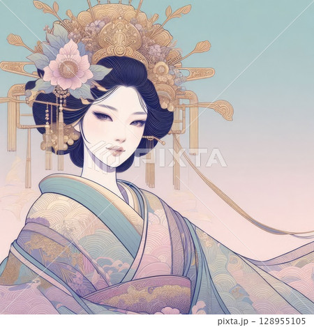 Elegant Asian Woman in Traditional Kimono with Ornate Golden Headdress with Generative AI. Elegant Asian Woman in Traditional Kimono with Ornate Golden Headdress with Generative AI. 128955105