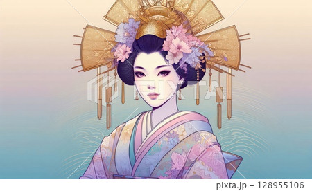Elegant Asian Woman in Traditional Kimono with Ornate Golden Headdress with Generative AI. Elegant Asian Woman in Traditional Kimono with Ornate Golden Headdress with Generative AI. 128955106