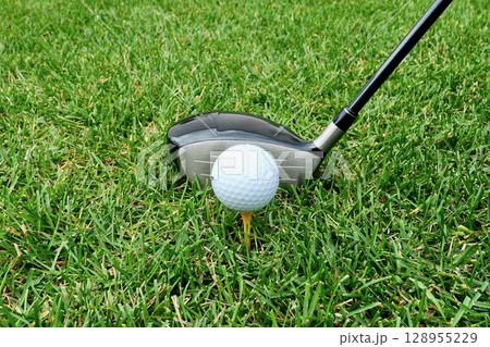 芝生の上にティーアップされた白いゴルフボールとドライバー 128955229