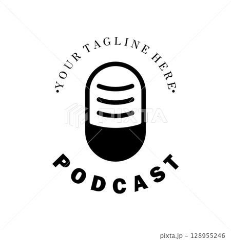podcast logo with microphone and earphone audio, radio waves. for studio, talk show, chat, information sharing, interview, multimedia and web. 128955246