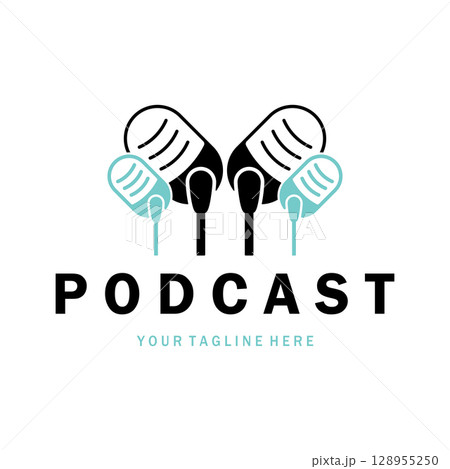 podcast logo with microphone and earphone audio, radio waves. for studio, talk show, chat, information sharing, interview, multimedia and web. 128955250