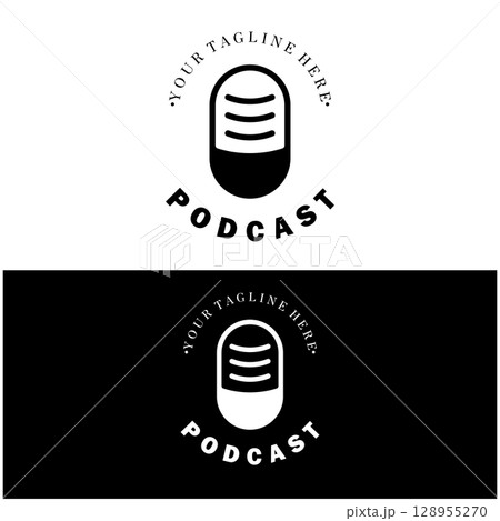 podcast logo with microphone and earphone audio, radio waves. for studio, talk show, chat, information sharing, interview, multimedia and web. podcast logo with microphone and earphone audio, radio waves. for studio, talk show, chat, information sharing, interview, multimedia and web. 128955270