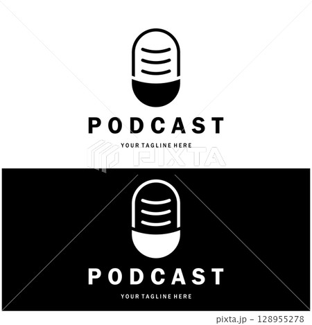 podcast logo with microphone and earphone audio, radio waves. for studio, talk show, chat, information sharing, interview, multimedia and web. 128955278