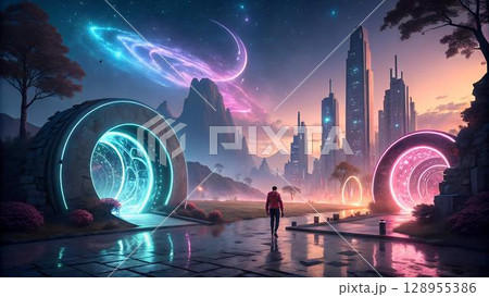 A person walks towards a futuristic cityscape with glowing portals, mountains, and a swirling nebula in the sky, creating a stunning and ethereal 128955386