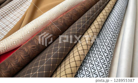 The image displays a collection of rolled-up fabric swatches with varying patterns, colors, and textures, creating a visually appealing 128955387
