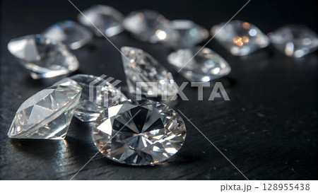 The image features a collection of brilliantly cut diamonds scattered across a dark, textured surface, creating a visually striking display of wealth and 128955438