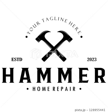 retro vintage crossed hammer and nail logo for home repair services, carpentry, badges, builders, woodworking, construction, vector 128955441