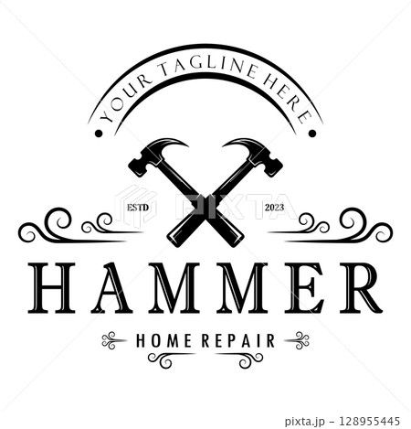 retro vintage crossed hammer and nail logo for home repair services, carpentry, badges, builders, woodworking, construction, vector retro vintage crossed hammer and nail logo for home repair services, carpentry, badges, builders, woodworking, construction, vector 128955445