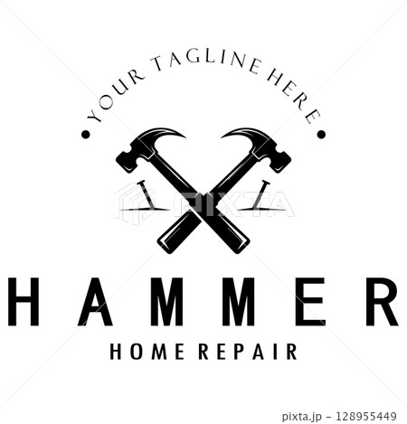 retro vintage crossed hammer and nail logo for home repair services, carpentry, badges, builders, woodworking, construction, vector 128955449