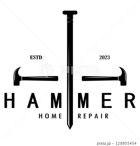 retro vintage crossed hammer and nail logo for home repair services, carpentry, badges, builders, woodworking, construction, vector 128955454
