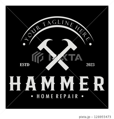 retro vintage crossed hammer and nail logo for home repair services, carpentry, badges, builders, woodworking, construction, vector retro vintage crossed hammer and nail logo for home repair services, carpentry, badges, builders, woodworking, construction, vector 128955473